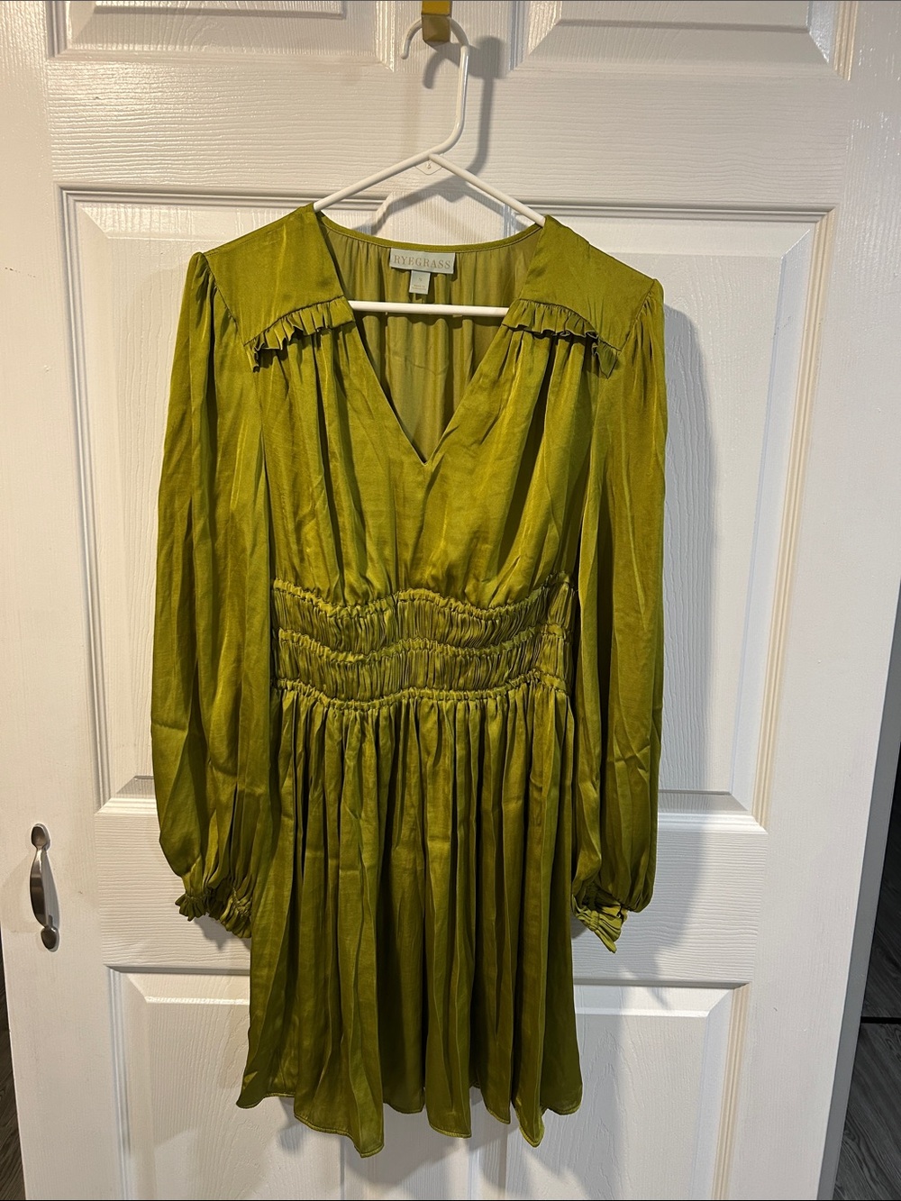 Long-Sleeve V-Neck Olive Green Smocked Waist Dress